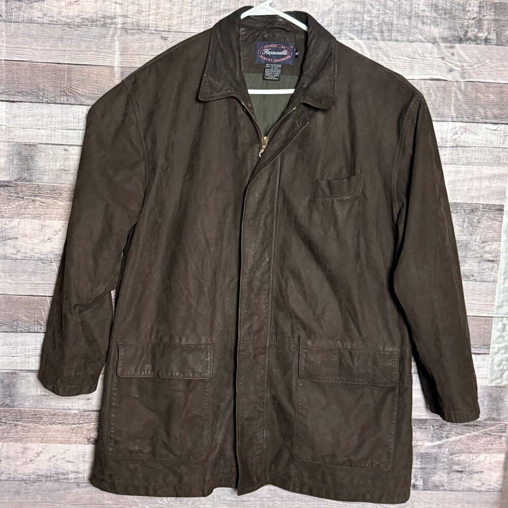 Vintage Faconnable Leather Barn Field Coat Mens XL Brown Y2K Grunge Matrix